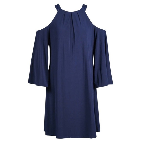 Lauren Ralph Lauren Sequin Trim Cold Shoulder Cocktail Dress Navy Blue sz 16 - Picture 2 of 6